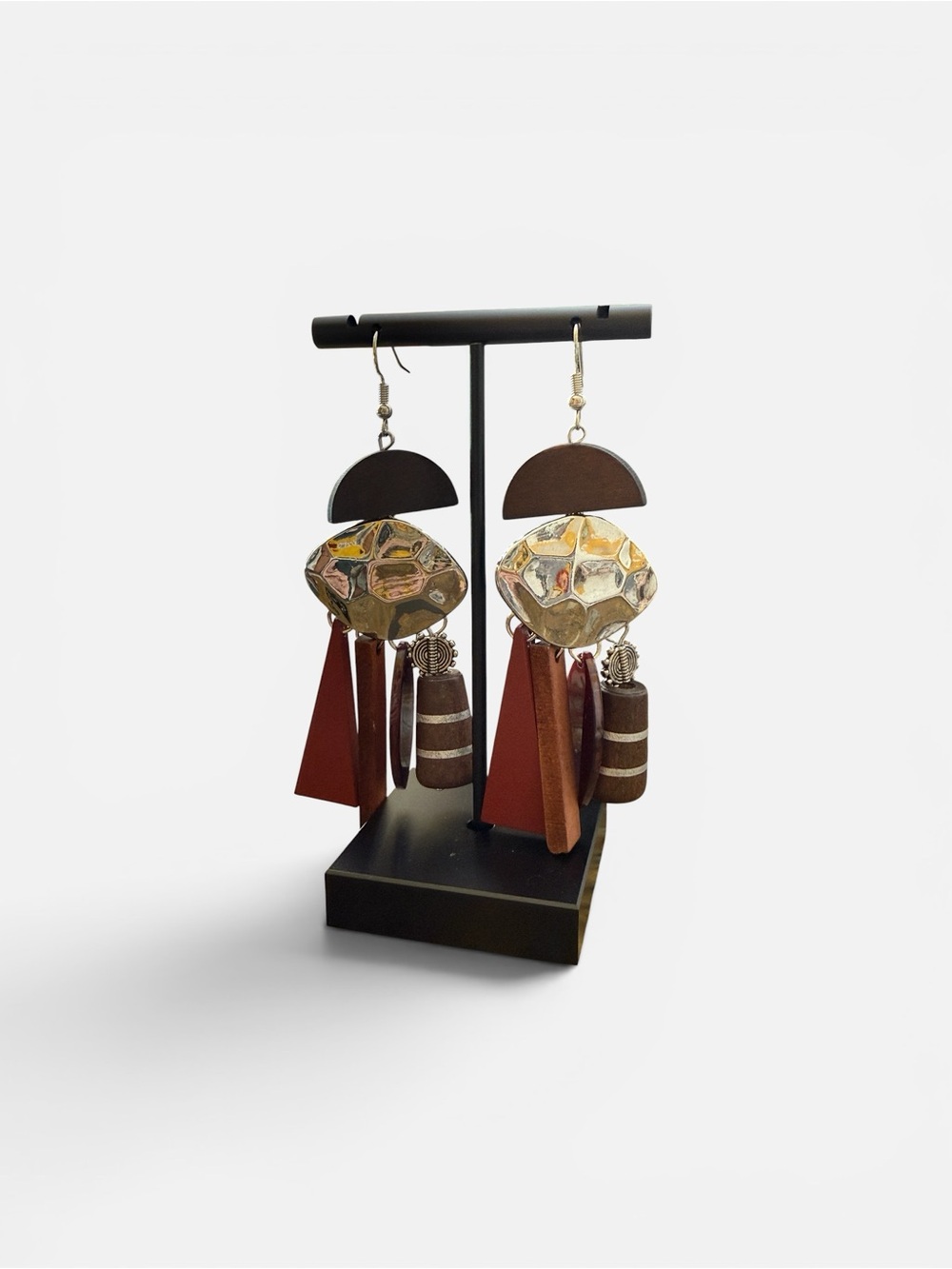 Boho Mixed-Material Dangle Earrings in Brown and Gold